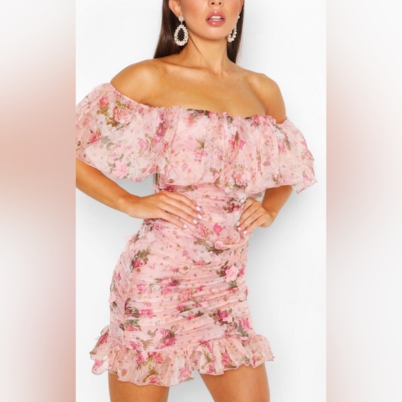 Boohoo Floral Chiffon Bradot Mini Dress - Picture 1 of 4